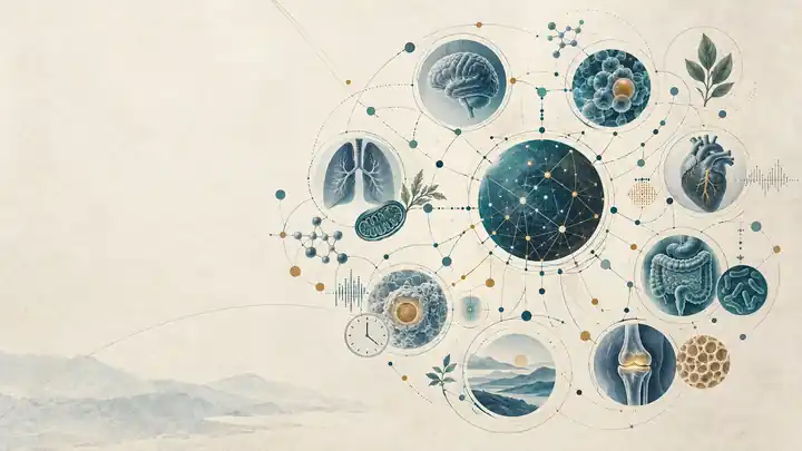 Editorial map connecting longevity biology, body systems, biomarkers and research