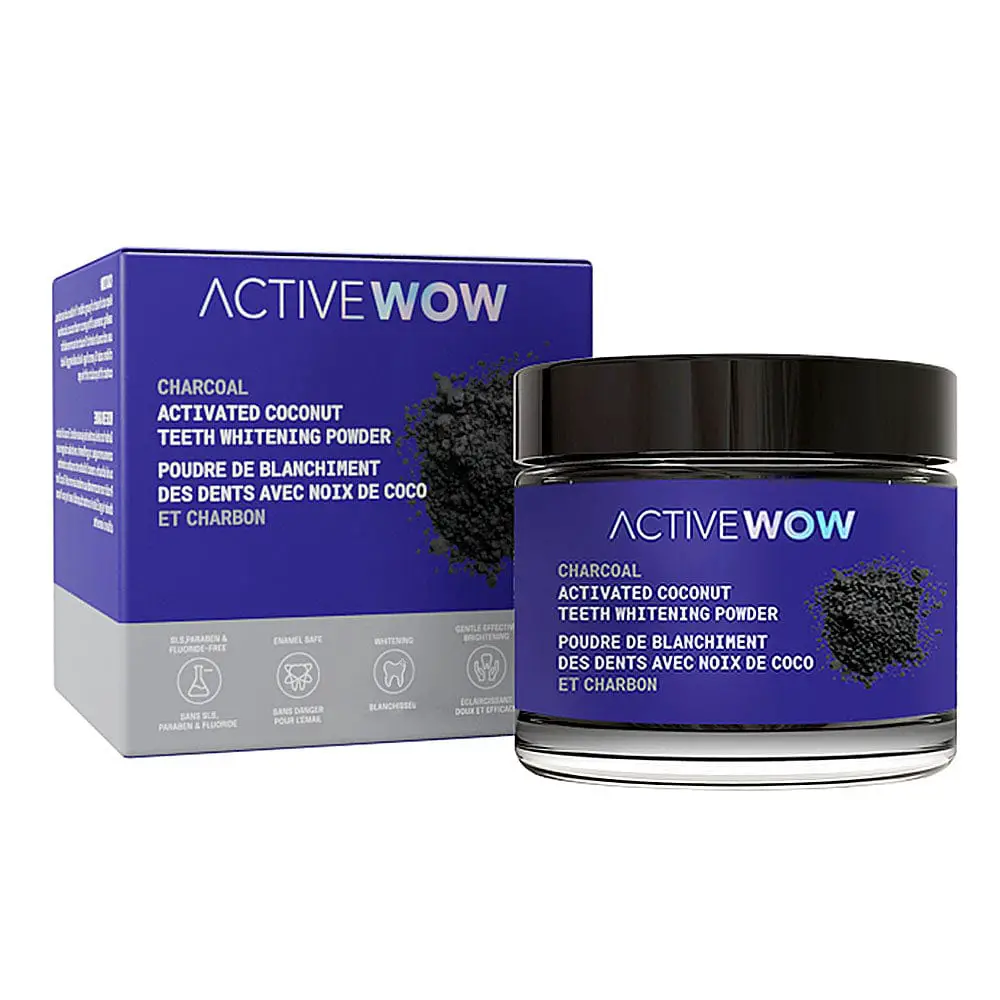 Active Wow activated charcoal teeth whitening powder in a jar and box